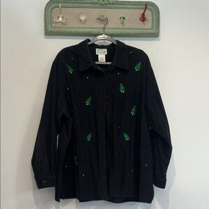 Vintage Quaker Factory Cotton black Button-Down Shirt Green Tree Embroidery 2X